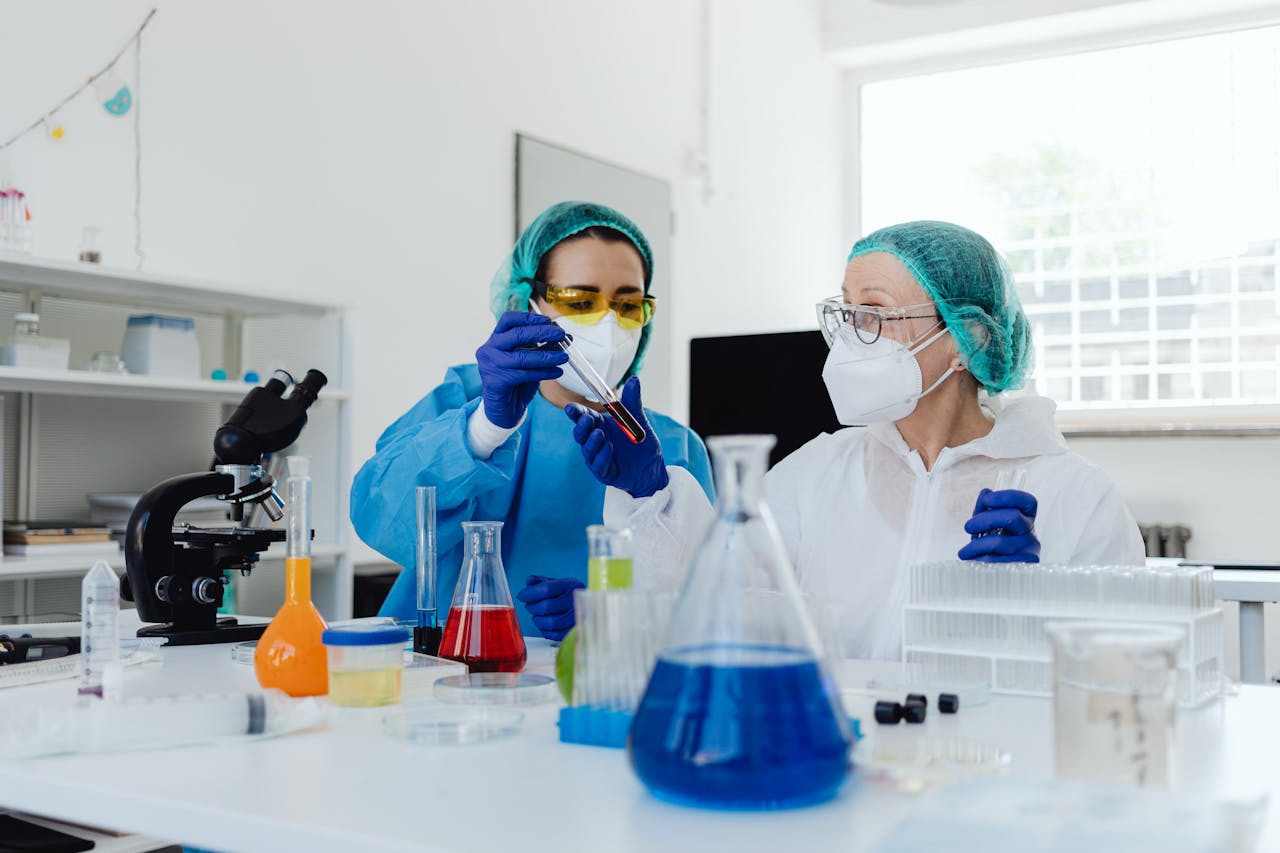 Two female scientists analyzing samples in a state-of-the-art laboratory.
